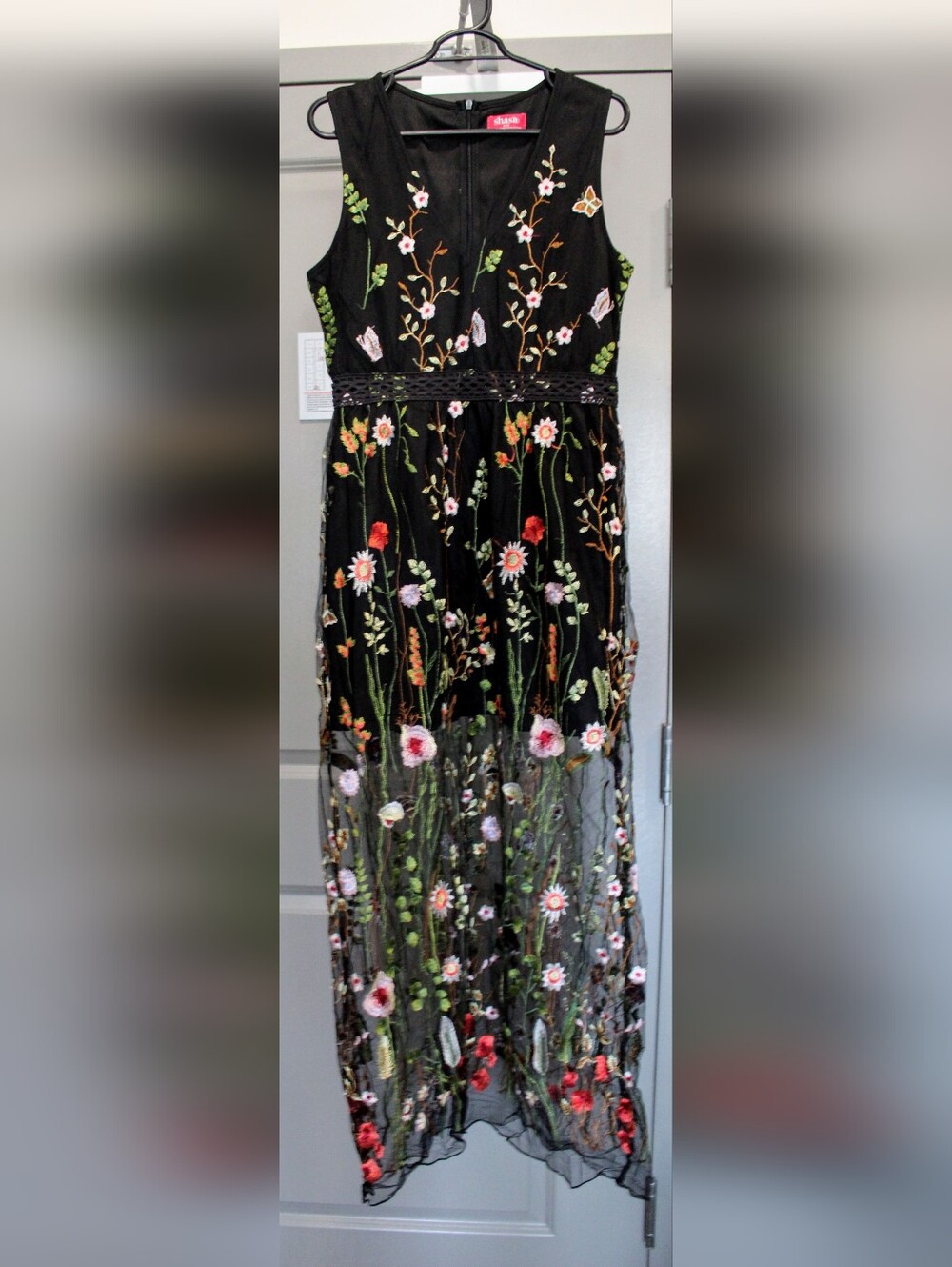 Shasa Black Sheer Maxi Dress with Multicolor Floral Embroidery